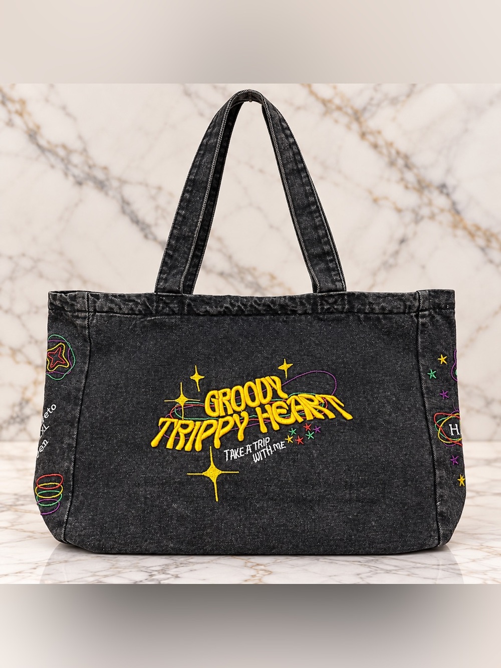 Groovy Trippy Heart Washed Black Denim Tote Bag Retro Y2K Hippie